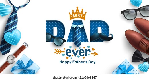 Father's Day poster or banner template with necktie,glasses and cute moustache. Best Dad Ever greeting cards and presents for Father's Day. Vector illustration EPS10