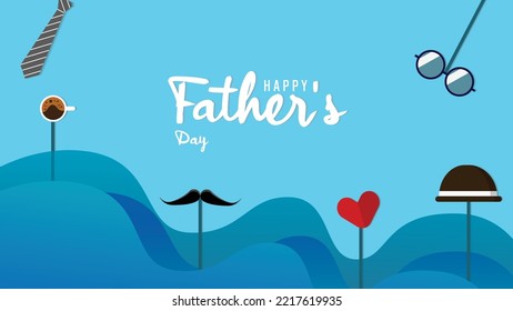 Father's Day poster or banner template with necktie and gift box on blue background.Greetings and presents for Father's Day in flat lay styling.Promotion and shopping template for love dad