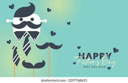 Father's day poster or banner template with tie and moustache flat design illustration vector.Greetings and gifts for Father's Day in flat lay styling.Promotion and shopping template for daddy love 