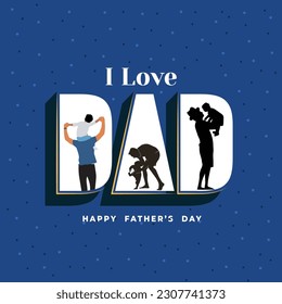 Father's Day poster or banner template with necktie and gift box on blue background. Greetings and presents for Father's Day in flat lay styling. Promotion and shopping template for love dad