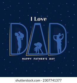 Father's Day poster or banner template with necktie and gift box on blue background. Greetings and presents for Father's Day in flat lay styling. Promotion and shopping template for love dad