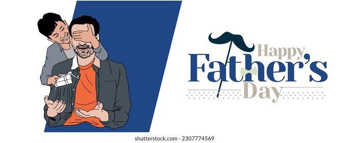 Father's Day poster or banner template with necktie and gift box on blue background. Greetings and presents for Father's Day in flat lay styling. Promotion and shopping template for love dad