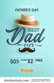 Afiche o pancarta del Día del Padre con sombrero y bigote lindo en fondo azul. Saludos y regalos para el Día del Padre en estilo laico. Plantilla de promoción y compras para papá amoroso