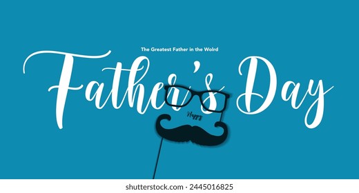 Father's Day poster or banner template with symbol of Dad from glasses and mustache.Greetings and presents for Father's Day in flat lay styling.Promotion and shopping template for love dad