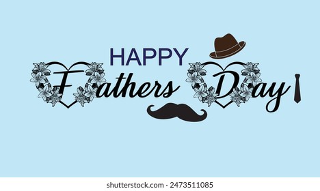 Father's Day poster or banner template with necktie and mustache on blue background.Greetings and presents for Father's Day in flat lay styling.Promotion and shopping template for love dad