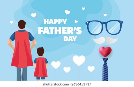 Father's Day poster or banner template with symbol of Dad from hat,glasses and mustache.Greetings and presents for Father's Day in flat lay styling.Promotion and shopping template for love dad