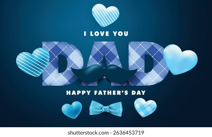 Father's Day poster or banner template with symbol of Dad from hat,glasses and mustache.Greetings and presents for Father's Day in flat lay styling.Promotion and shopping template for love dad