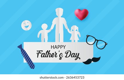 Father's Day poster or banner template with symbol of Dad from hat,glasses and mustache.Greetings and presents for Father's Day in flat lay styling.Promotion and shopping template for love dad