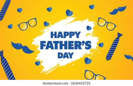 Father's Day poster or banner template with symbol of Dad from hat,glasses and mustache.Greetings and presents for Father's Day in flat lay styling.Promotion and shopping template for love dad