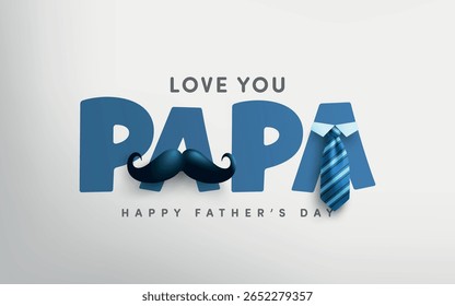 Father's Day poster or banner template with mustache and necktie on gray background.Greetings and presents for Father's Day in flat lay styling.Promotion and shopping template for love dad