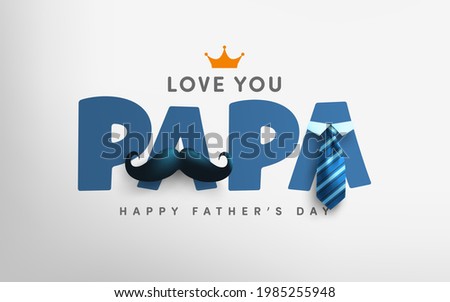 Father's Day poster or banner template with mustache and necktie on gray background.Greetings and presents for Father's Day in flat lay styling.Promotion and shopping template for love dad