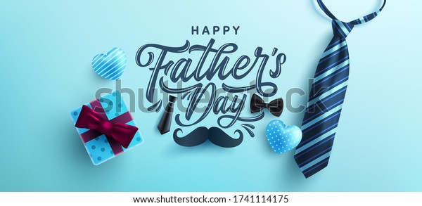 Father\'s Day poster or banner template with necktie\
and gift box on blue background.Greetings and presents for Father\'s\
Day in flat lay styling.Promotion and shopping template for love\
dad