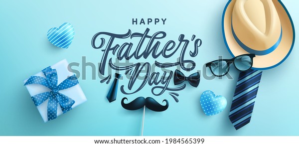 Father\'s Day poster or banner template with\
hat,necktie and gift box on blue background.Greetings and presents\
for Father\'s Day in flat lay styling.Promotion and shopping\
template for love dad