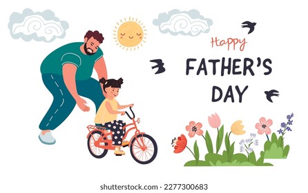 Afiche del día del padre con papá e hija. Los padres ayudan al niño a montar en bicicleta. La familia de la sonrisa feliz se divierte entre las flores. Dibujo plano de un vector de dibujos aislados en fondo blanco.