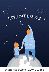 Father's day poster with a dad holding his child hand and pointing to the star sky. A father and a son in the space. 