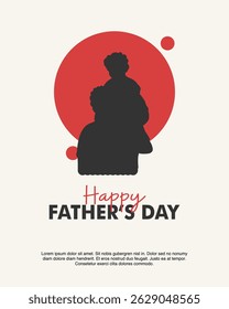 Cartaz do Dia dos Pais com pai abraçando criança no estilo silhueta, esquema de cores vermelho e preto simples. Adequado para temas familiares e parentais.