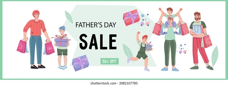 Fathers Day Poster Or Flyer Template, Website Header Or Discount Offer With Men And Children Characters.  Family  Shopping Goods In Fathers Day. Holiday Sale Promo Banner, Vector Illustration.