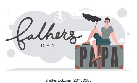 Father's day poster. The guy is holding his mustache on a stick. Trendy cartoon style. Vector.