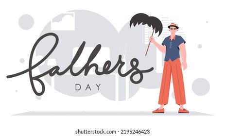 Father's day poster. The guy is holding his mustache on a stick. trendy style. Vector.