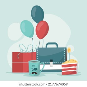 Fathers day poster. International holidays and invitation or greeting postcard design. Briefcase, gift, mug with coffee or tea and balloons. Best dad, care and love. Cartoon flat vector illustration