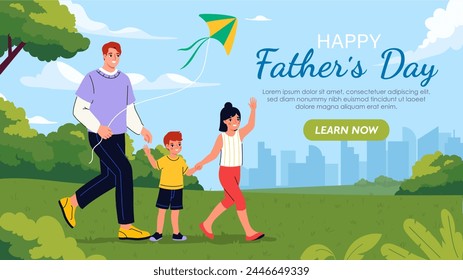 Fathers day poster. Man and boy with girl with flying kite. People spending time together. Famiy walk outdoors in summer day. Landing webpage design. Cartoon flat vector illustration