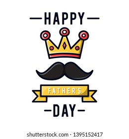 Father's Day Poster with  Mustache, King Crown. and Ribbon. Filled Outline Design. For banner, poster, and more