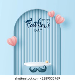 Father's day poster for product demonstration. Blue pedestal or podium with mustache and flying hearts on blue background.