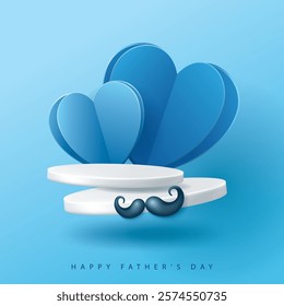 Father's day poster for product display. White platform with hearts on blue background.