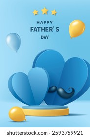 Father's day poster for product display. Yellow platform with hearts and balloons on blue background.