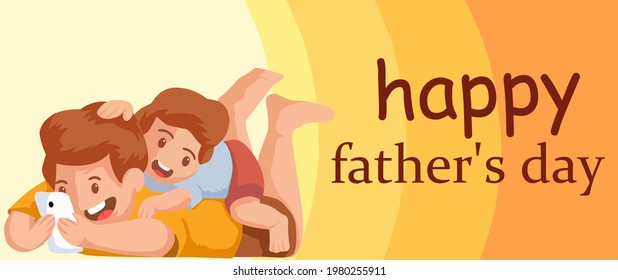 Father's Day poster vector or banner template with son and father illustration, happy father's day writing, in yellow color concept, design for banner, fathers day greeting card, background design