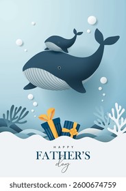Father's day poster with whales against a blue background.