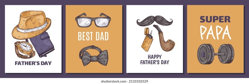 Fathers day posters set with hand drawn sketch elements - dumbbell, bow tie and smoking pipe, vector illustration. Classical and traditional men accessories.