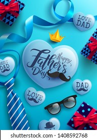 Father's Day Promotion Poster or banner with cute blue heart by text inside and gift box for dad concept.Promotion and shopping template for Father's Day.Vector illustration EPS10