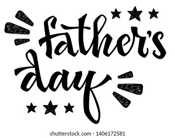 Fathers day quote. Hand drawn script stile hand lettering.  Landscape  Isolated black logo flat phrase. Stars, rays decore. Cards, poster, prints, souvenirs, t-shirt, smm, banners design element
