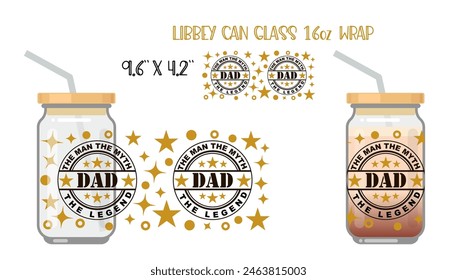 Fathers Day quote. Vector lettering for t shirt, poster, card. Happy fathers day concept with can glass mockup