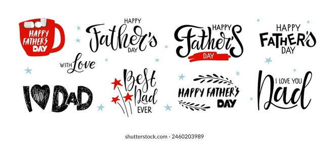 Father's day quotes. Vector Happy Fathers Day hand written set for greeting cards, invitation, social media. Happy Father's Day Design Collection. Holiday inscriptions. Hand lettering quotes.