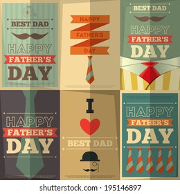 Father's Day Retro Posters Set. Flat Design. Vintage Style. Vector Illustration.