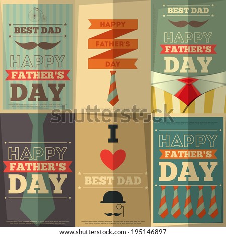 Father's Day Retro Posters Set. Flat Design. Vintage Style. Vector Illustration.