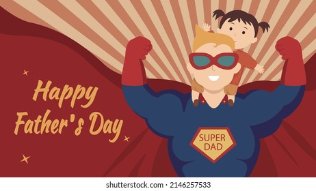 Father's day retro style illustration with radioactive background.  Litlle girl sat on the shoulders of his dad dressed as superhero.