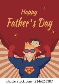 Father's day retro style illustration with radioactive background.  Litlle girl sat on the shoulders of his dad dressed as superhero.