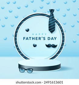 Father's day round podium with tie, glasses and mustache on a blue background with hearts. Vector illustration.