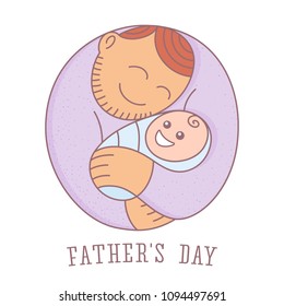 Father's Day. Round vector sticker. Happy dad holds his smiling baby. Cute cartoon tag, icon or banner. Simple hand drawn symbol of family love and parenthood. Light purple, blue, pink, orange colors.