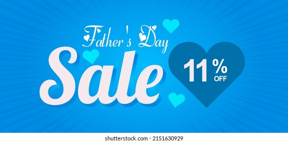 Venta del Día del Padre 11% de descuento. Banner con un elegante corazón azul y fondo brillante con una oferta especial