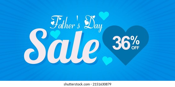 Father's Day Sale 36% off. Banner with an elegant blue heart and shiny background with a special offer