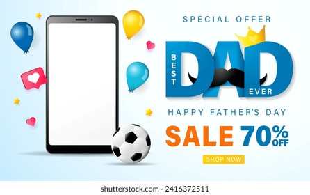 Venta del Día del Padres, hasta un 70% de descuento - banner web con corazón de papel y smartphone. Mejor papa siempre con bigote, copiar el diseño del espacio con el teléfono vacío y el texto de promoción. Ilustración del vector