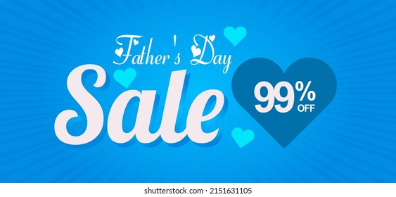 Father's Day Sale 99% off. Banner with an elegant blue heart and shiny background with a special offer