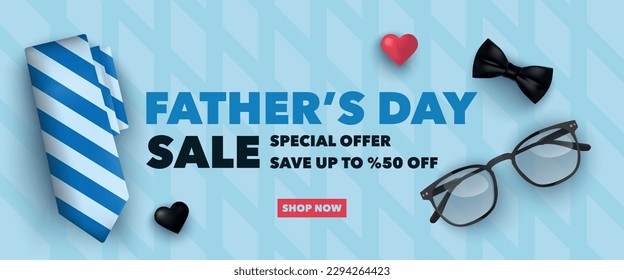 Father's Day sale banner with blue tie, glasses, bow tie, black and pink heart at blue background. Vector illustration for poster, sale, promo, discount, website social media, flyer, brochure, event