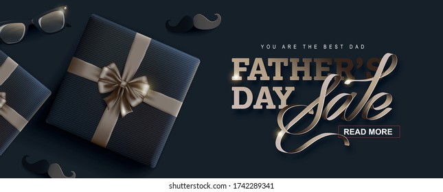 Father's Day Sale banner design with luxury gift background. Vector illustration.