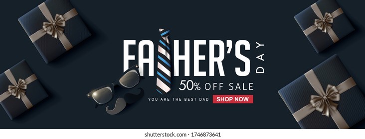 Father's Day Sale banner design with luxury gift background. Vector illustration.