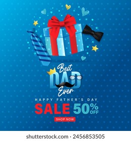 Día de los Padres Venta Diseño de Anuncio para el mejor papá de la historia. Oferta especial hasta 50% de descuento, Anuncio promocional con caja de regalo 3D, corbata y lazo. Ilustración vectorial